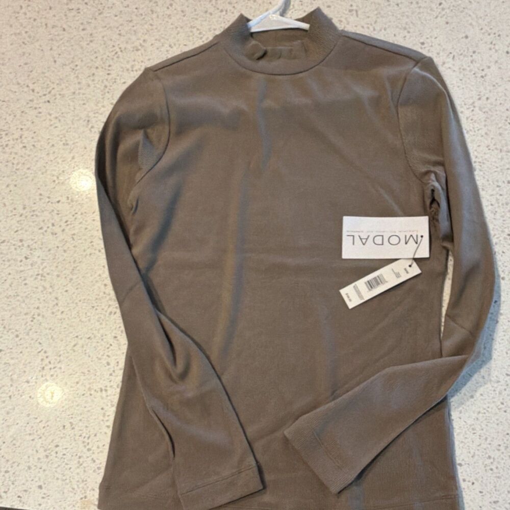 MODAL Taupe Ribbed Knit Mock Neck Pullover Top Long Sleeve Size M